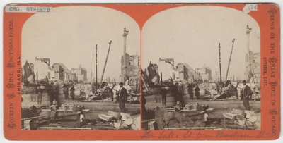 Stereograph of view of Lake St. from Madison St. after the Chicago Fire of 1871 by American Photographer